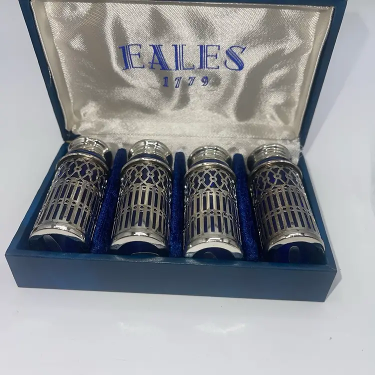 Eales of Sheffield Salt & Pepper Shakers Art Deco Cobalt Blue Glass Silver Tone