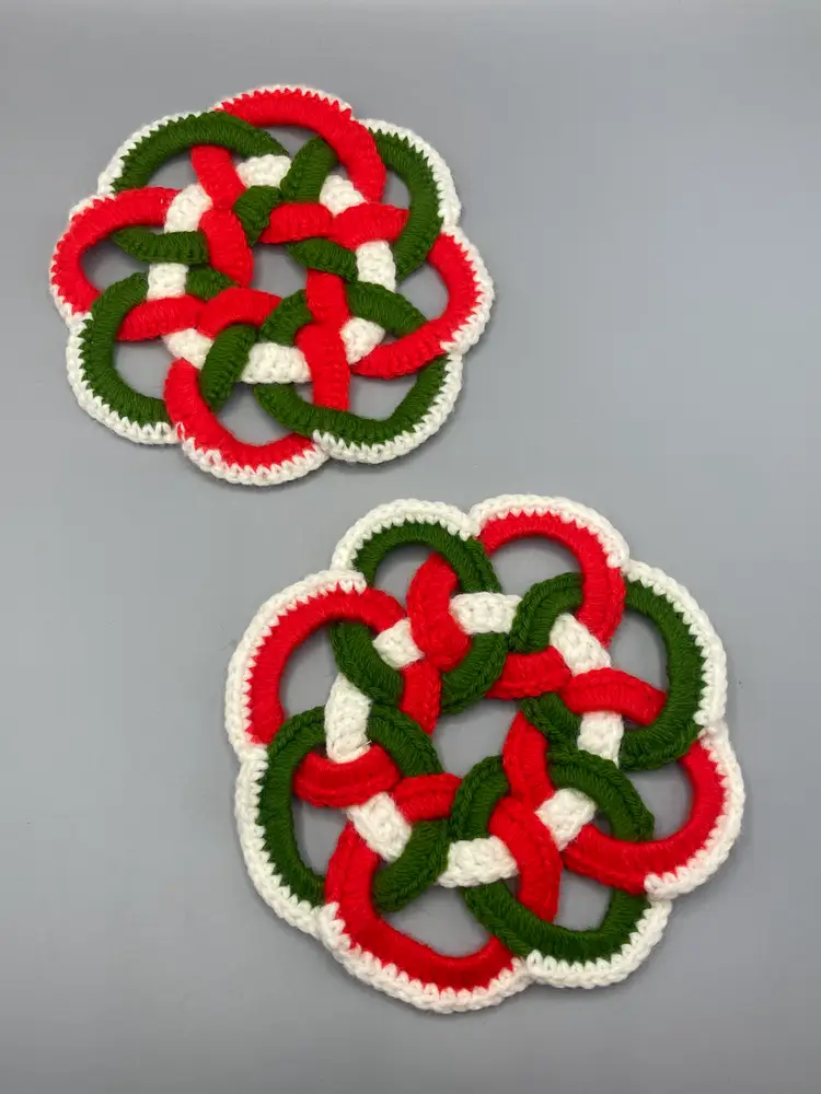 Vintage Handmade Crocheted Christmas Trivets - Set of 2 - 7.5" across