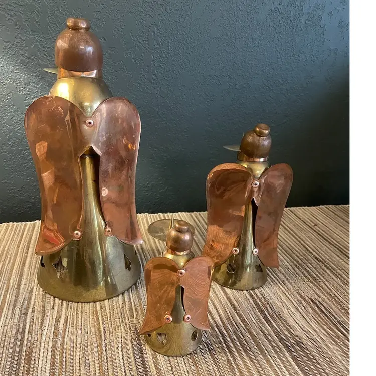 VTG Angel Trio Pillar Candle Holders Copper & Brass