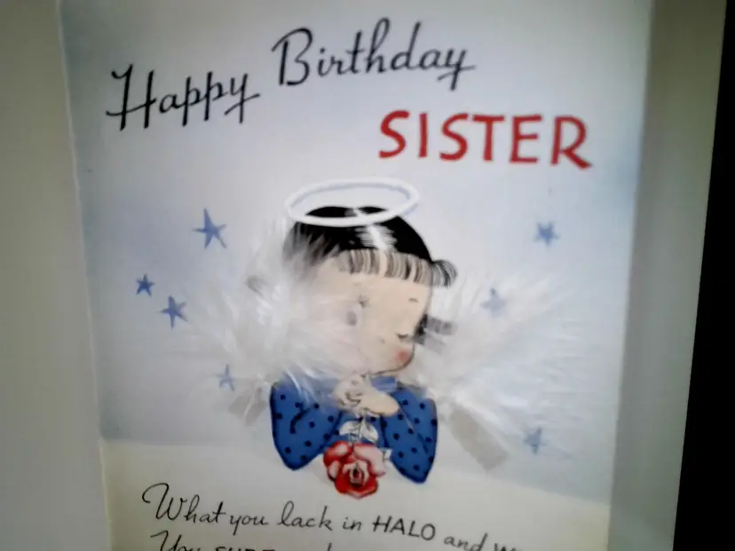 Vintage 1950 Norcross Birthday Card Sister Halo Cake Collectible Feather Wings