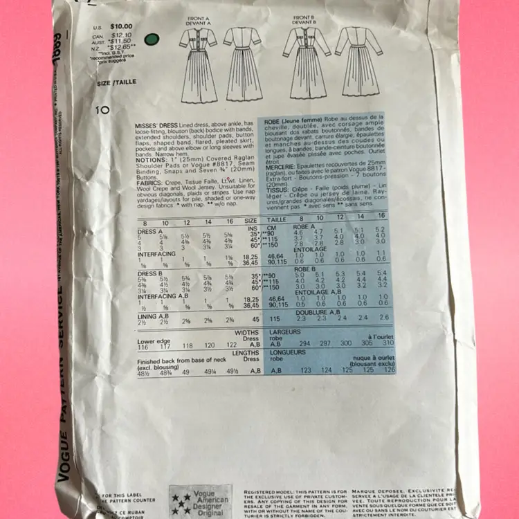 Vtg Vogue Pattern 1889 American Designer Albert Nipon Uncut FF Sz 10