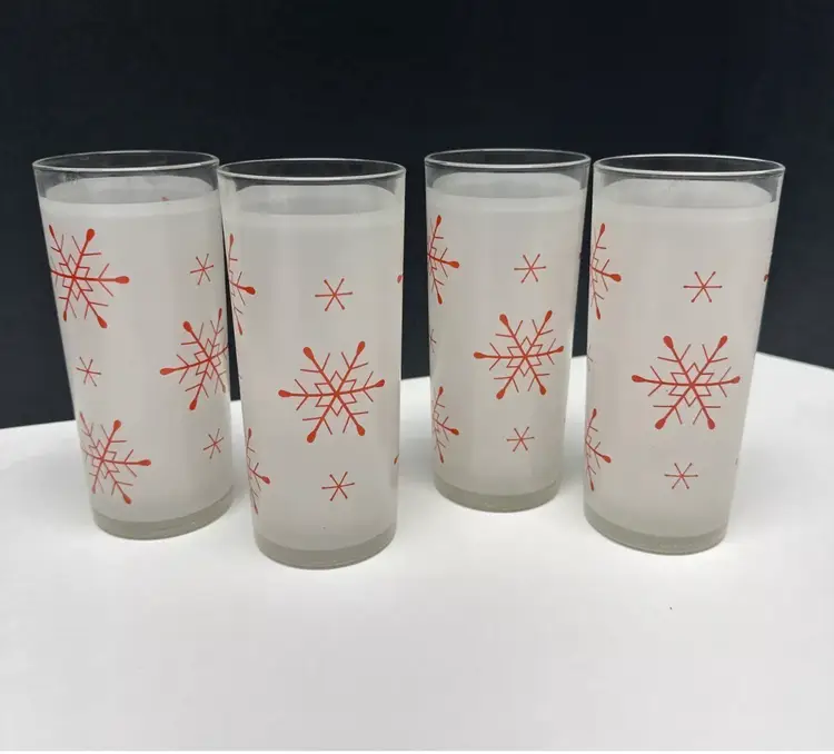 Christmas Frosted Snowflake Italian Glass Drinking Highball Set of 4  6” Vintage