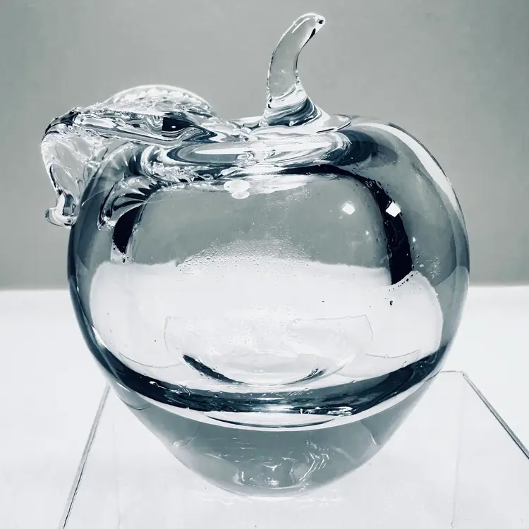 Vintage Hand Blown Clear Art Glass Apple Paperweight 3” Orb Teacher Appreciation