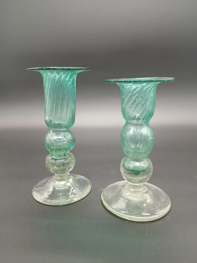 Hand Blown Glass Green and Clear Candle Holders