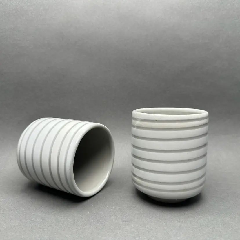 Vintage Pair of Gray Ribbed Pedestal Ceramic Tea Cups