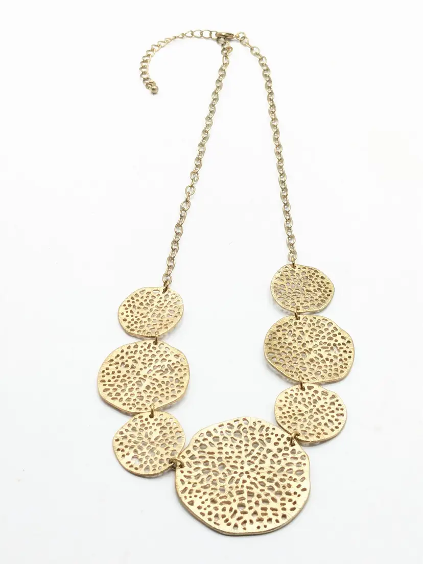Gold Tone Textured Stenciled 
 Disc Statement Necklace