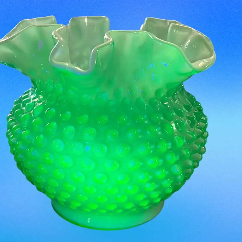 Vintage Fenton Ruffled Edge Encased Hobnail Glass Green Apple Rose Bowl Uranium Glows Hard To Find !!!! Perfect Condition!