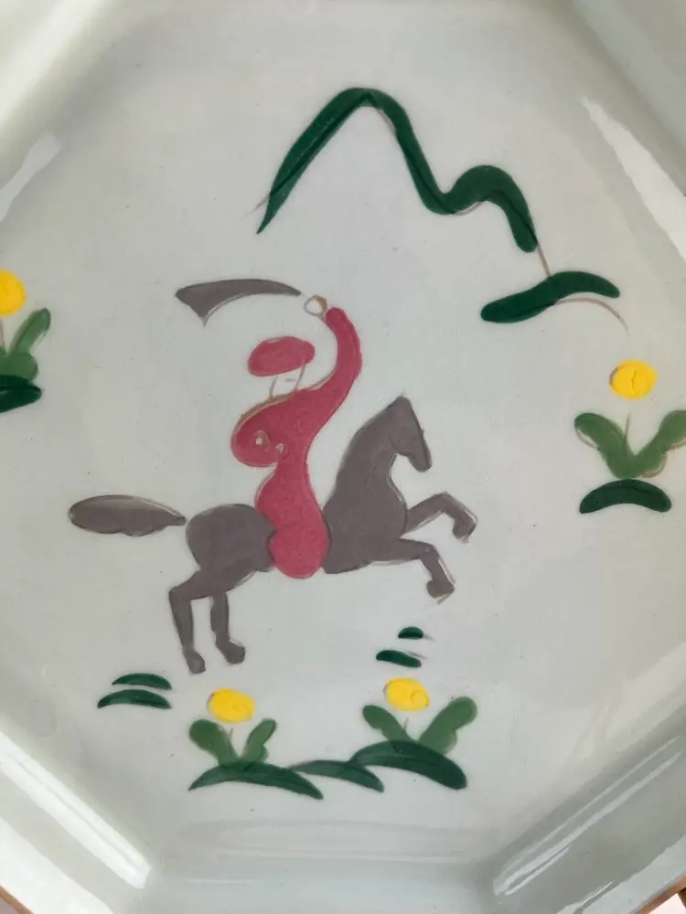 Vally California Pottery Plate: Art Deco Persian Pink Warrior, Signed Handmade