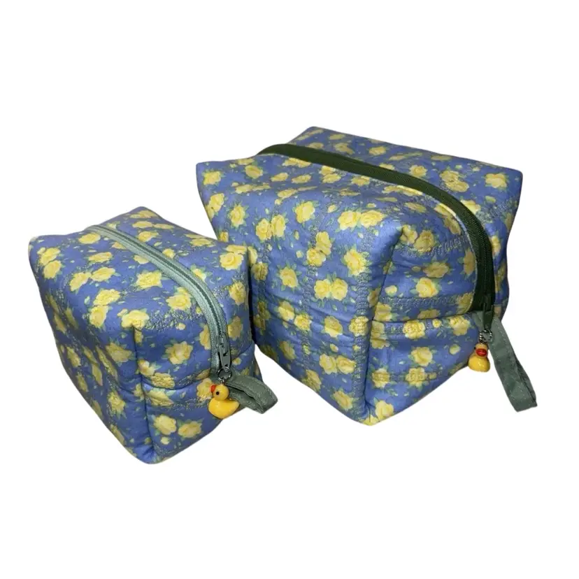 Boxy Makeup Bag Quilted Floral With Duck Charms Handmade Travel Bags Set Of 2