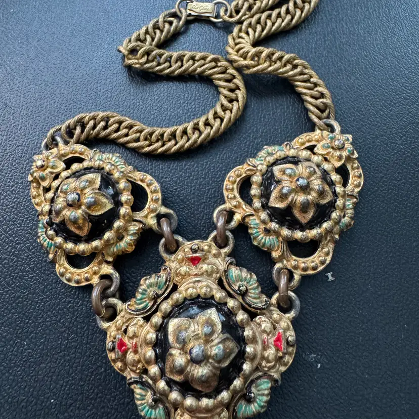 Antique/ Almost Antique Leo Glass Austro-Hungarian/Etruscan Revival statement bib necklace
