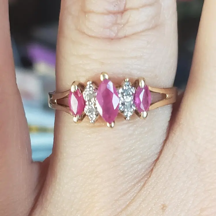 10k Yellow Gold 3 Stone Marquise Ruby & Diamond Ring