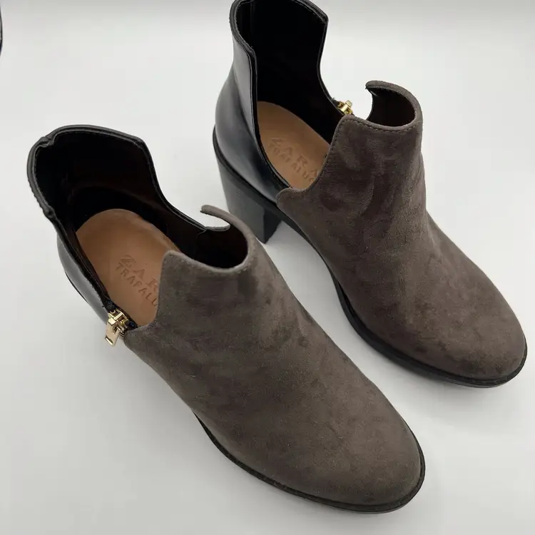 Zara Trafaluc Leather Suede Lug Ankle Boots Black Brown 3" Womens 38 US 7.5 NWOT