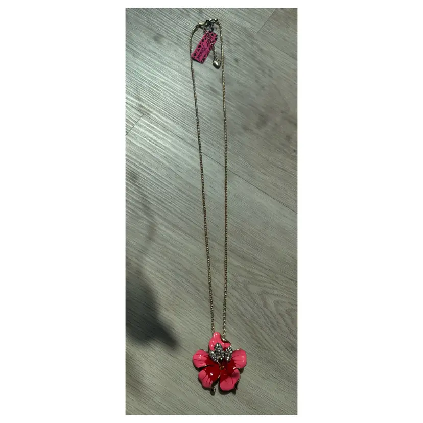 Pink Orchid Flower Betsy Johnson Long 32 Inch Necklace Sparkly Summer Resort Style