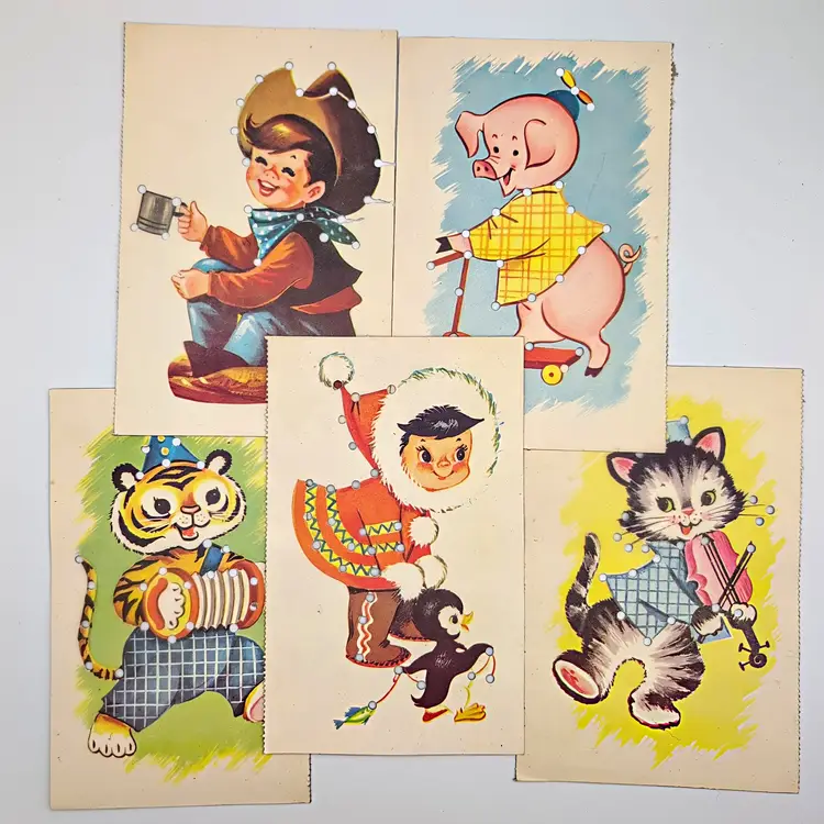 5 Vintage Children's Lace Up Sewing Cards Art Junk Journal Scrapbook Crafts