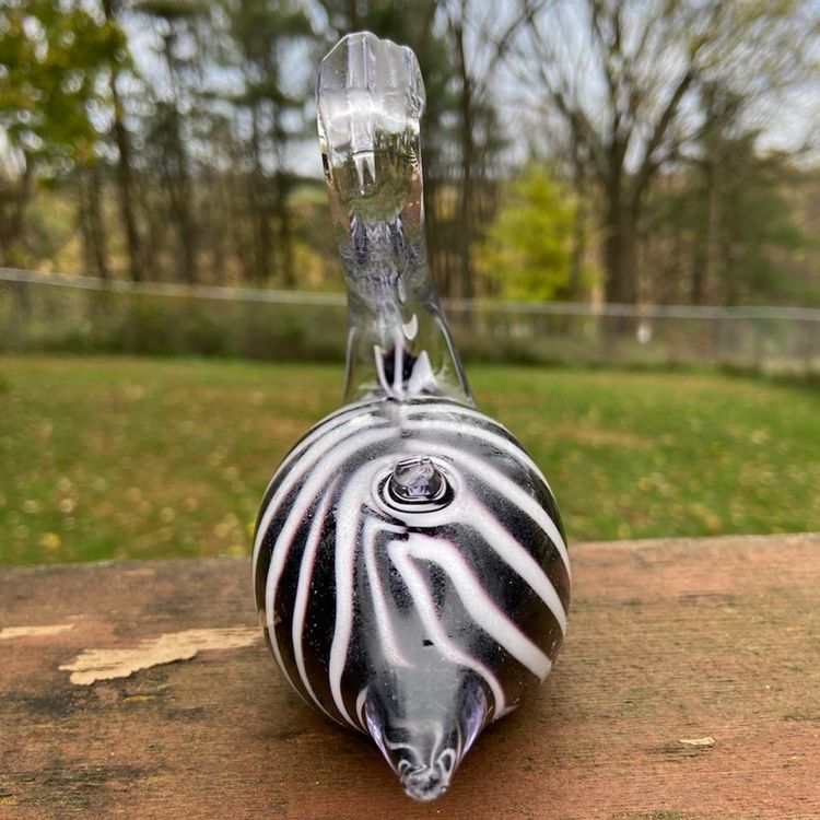 Amethyst & White Striped Art Glass Swan. 4.75”h x 5”w x 2.25”d. 1989. Enesco Sticker On Bottom.