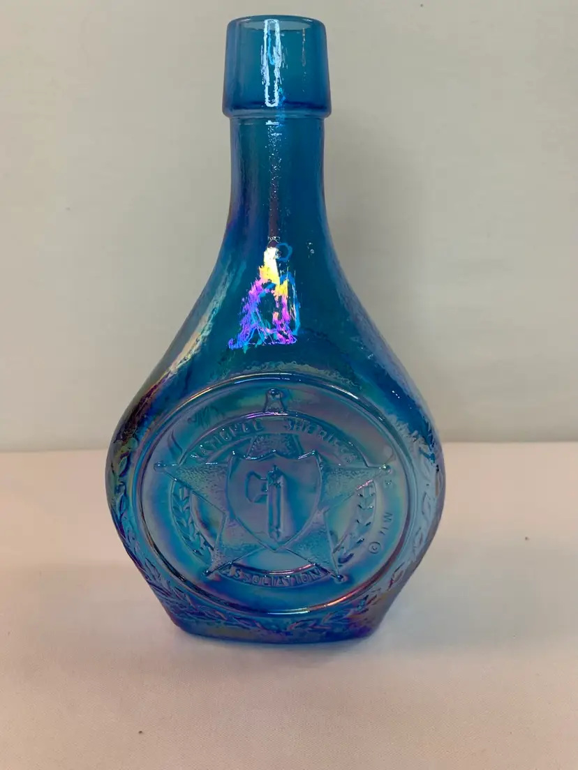 Vintage Iridescent Blue Glass Commemorative 8" Flask Bottle Annual Conference Badge