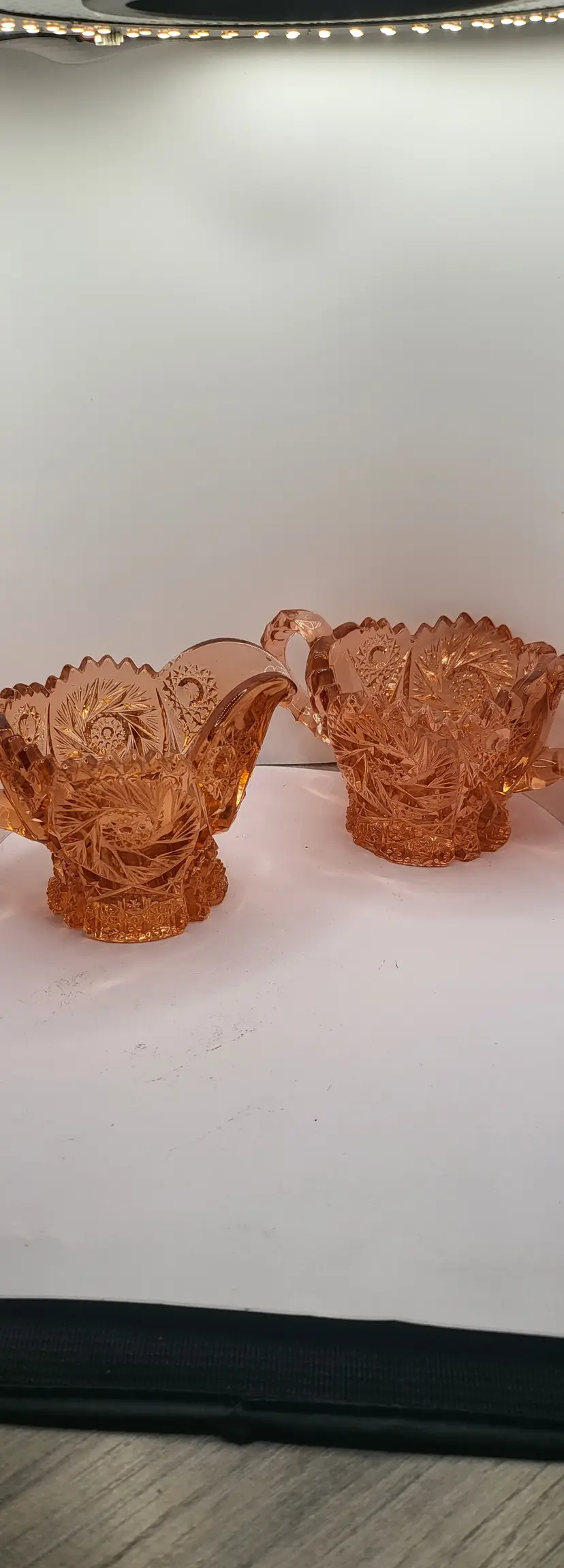 Vintage Pink Imperial EAPG Glass Creamer & Sugar Set "Nucut" pattern UV reactive