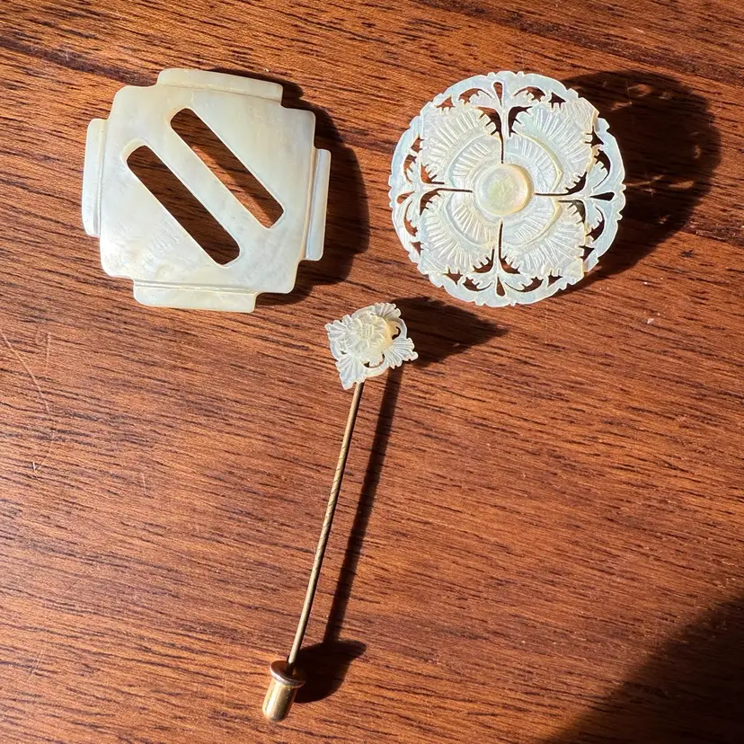 Antique Mother Of Pearl Buckle Brooch Stickpin Set Of 3