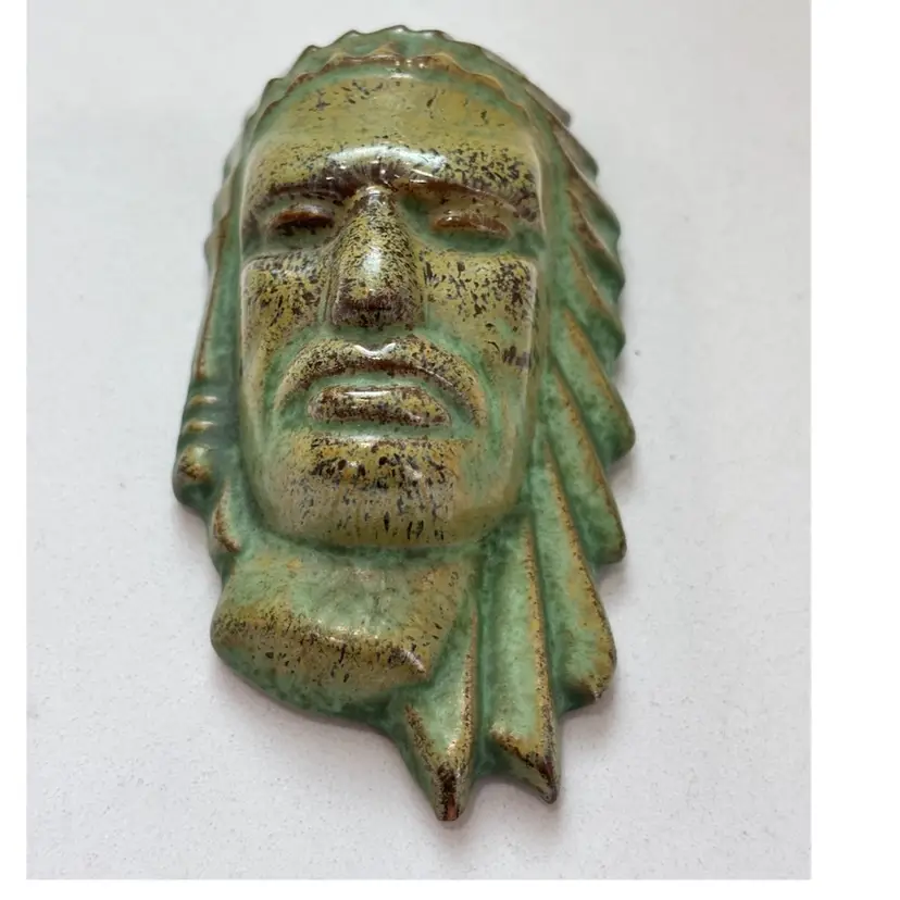 Vintage Frankoma Indian Head Wall Mask Clay Pottery Prairie Green Glaze