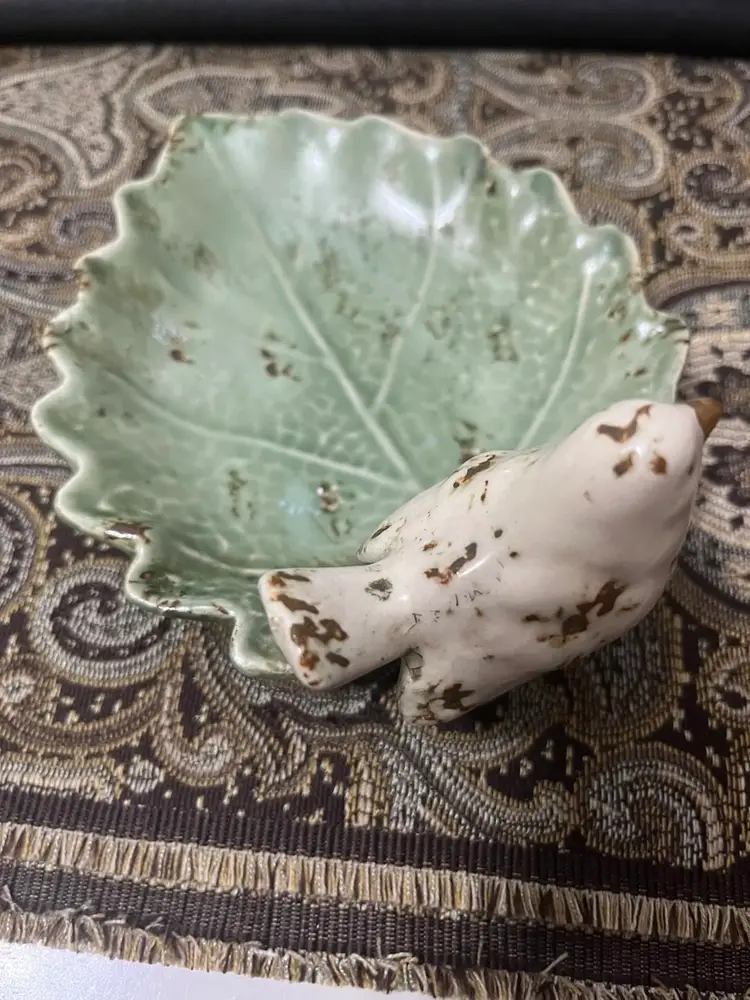 Ceramic Bird On Leaf Trinket Dish Soap Dish Rustic Look