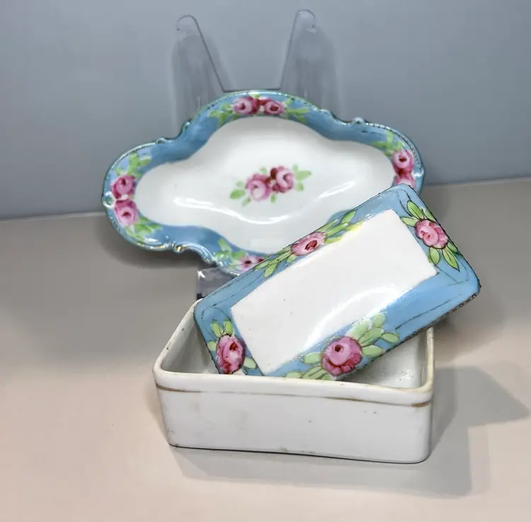 Antique Porcelain Vanity Tray And Trinket Box Pink Roses Japan Cottage