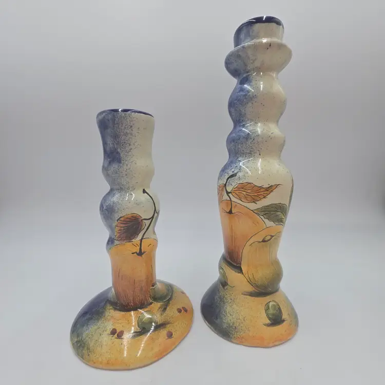 Vintage Mexican Talavera Handpainted Fruit Candlesticks Set of 2 Signed