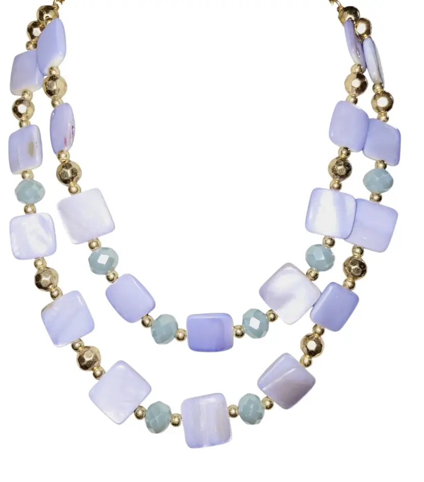 Blue Lace Agate Beaded Necklace Double Layered Accented with Blue Chalcedony