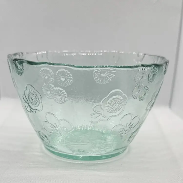 Heavy Textured Glass Bowl With Flowers  Perfect For Ice Cream!
