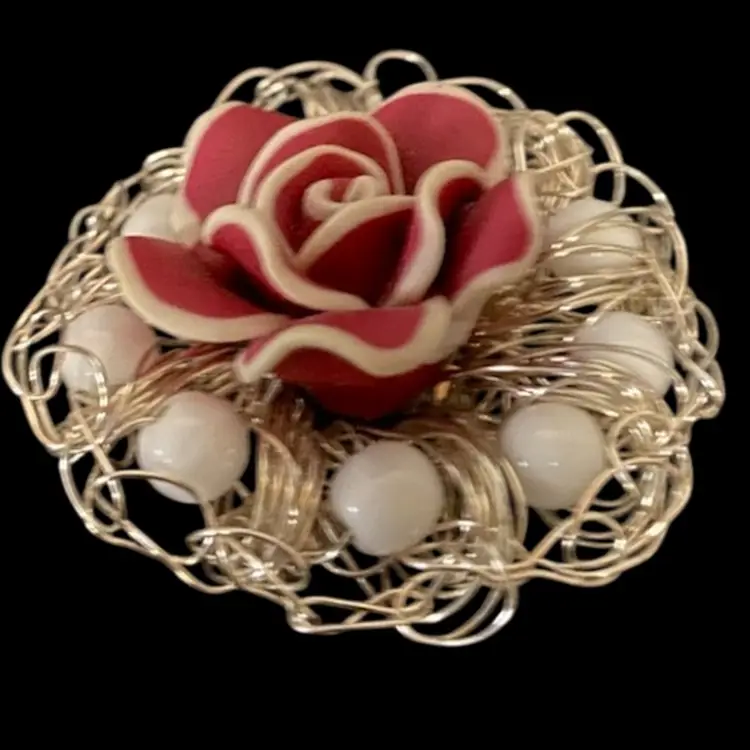 Red Rose With White Beads & Silver Trim Vintage Brooch