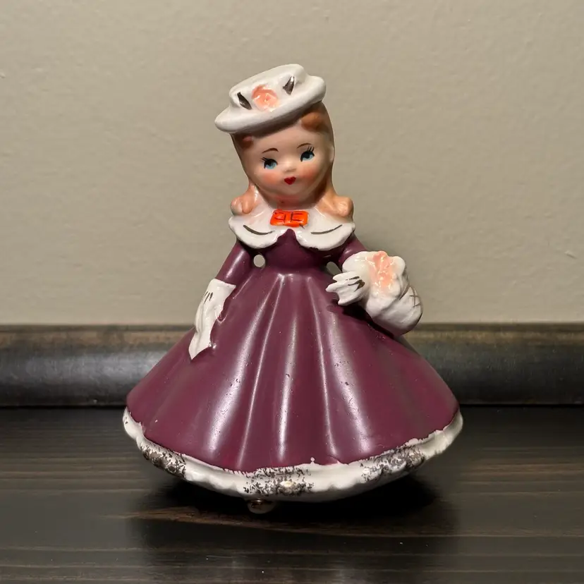 Vintage Porcelain Girl Figurine Plum Dress Gold Trim Flowers Basket 3.5"x3”