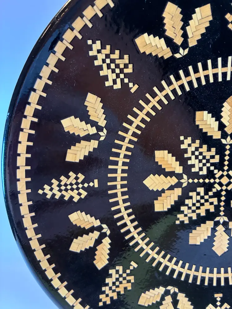 Vintage Russian Folk Art Wood Straw Inlay Marquetry Lacquered Plate 10” “as is”