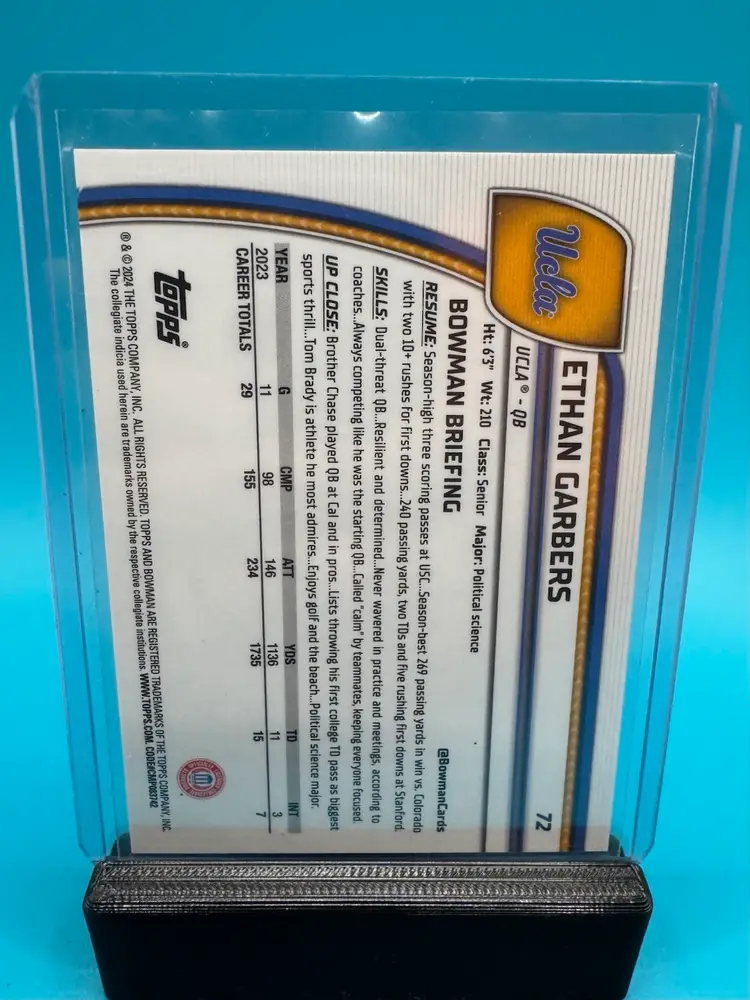 Ethan Garbers 1st Bowman Chrome U Aqua Mini Diamonds Refractor /275 UCLA Bruins