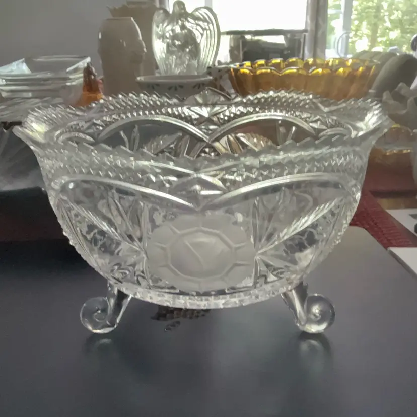 American Brilliant Hand Cut Crystal Footed Bowl w/Etched Rose Pattern and Scalloped Sawtooth Edging