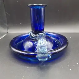 Blue Glass Artisan Candlestick Whimsical Curved Handle Vintage Handblown Decor