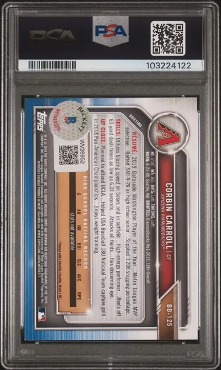 Corbin Carroll 2019 Bowman 1st Draft Autograph PSA/DNA