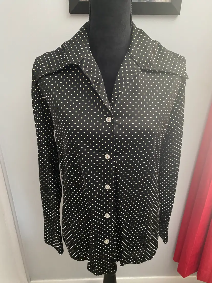 Vintage Frank Lee for California Long Sleeve Black with White Dot Blouse Large
