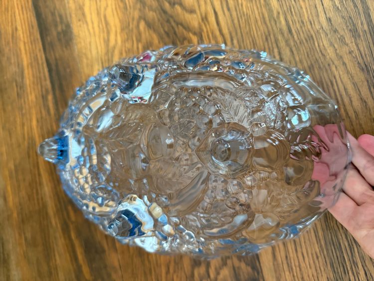 Vintage Indiana Glass “Harvest” Blue Pressed Glass Footed Bowl, 12x8 Oval Centerpiece, Grapes & Leaves Pattern
