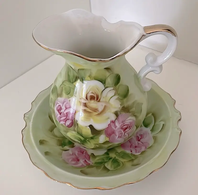Vintage Norcrest Japan, fine china, green/pink/yellow, small pitcher/base plate.
