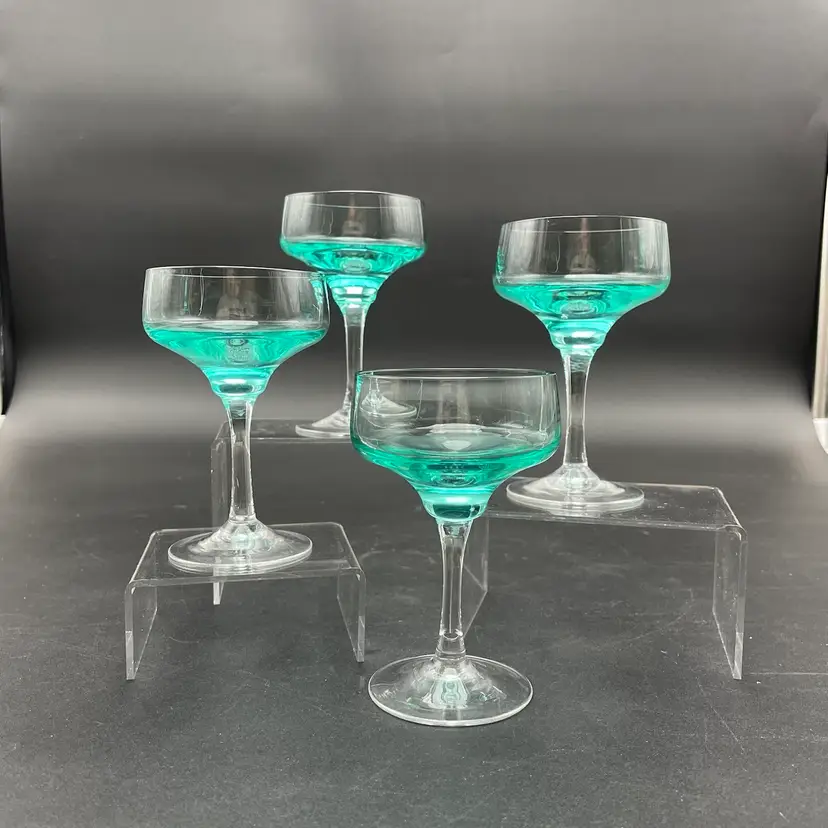 Sasaki Harmoney Aqua 4 Oz Stemmed Liquor Cocktail Glasses Japanese Set of 4 MCM
