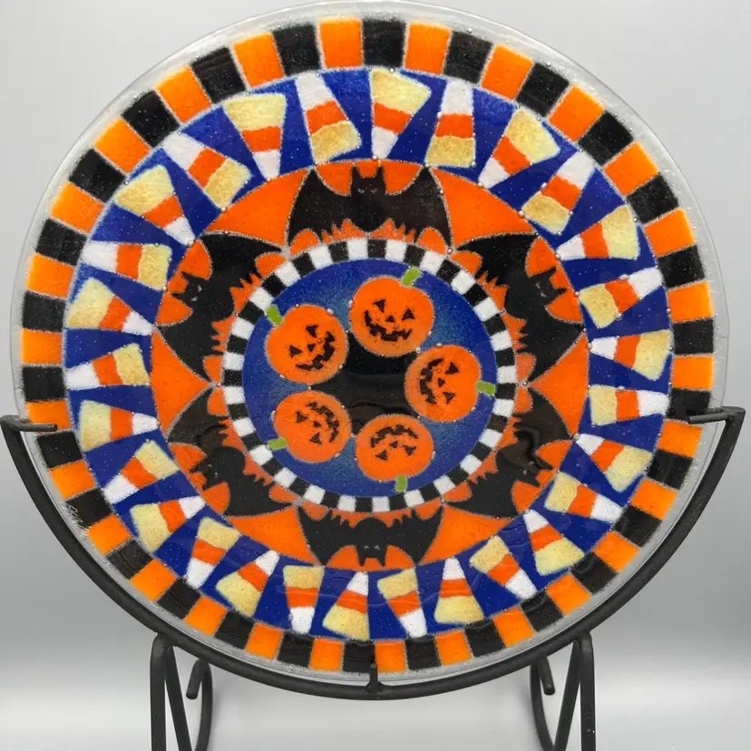 Peggy Karr Halloween Trick Or Treat Bowl Fused Glass 11” Inches Diameter