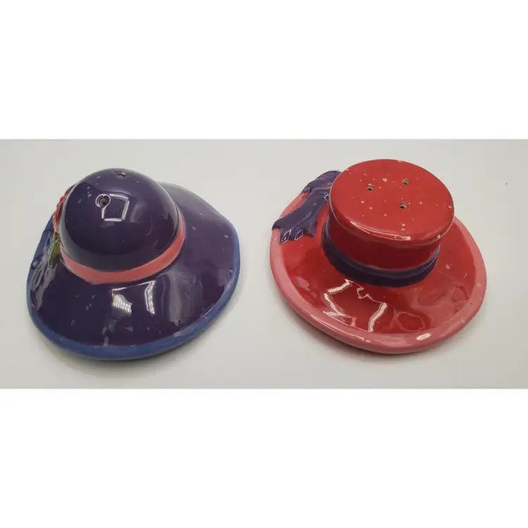 Vintage Ceramic CIC Ladies in Red Hat Salt and Pepper Shakers - Purple and Red
