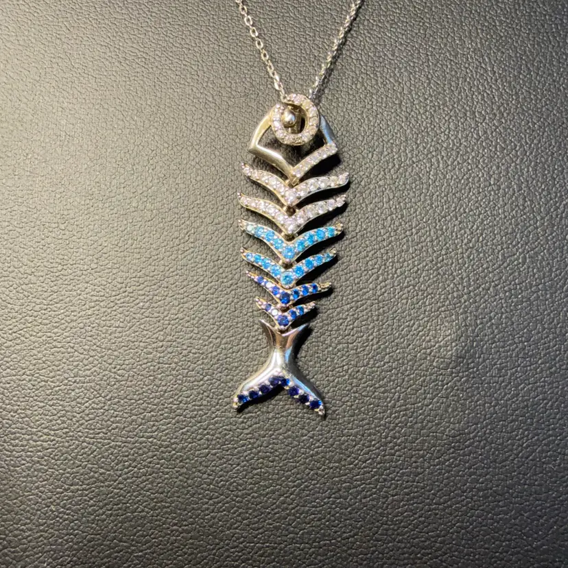 Shades Of Blue CZ 925 Sterling Silver Articulated Fish Pendant Necklace