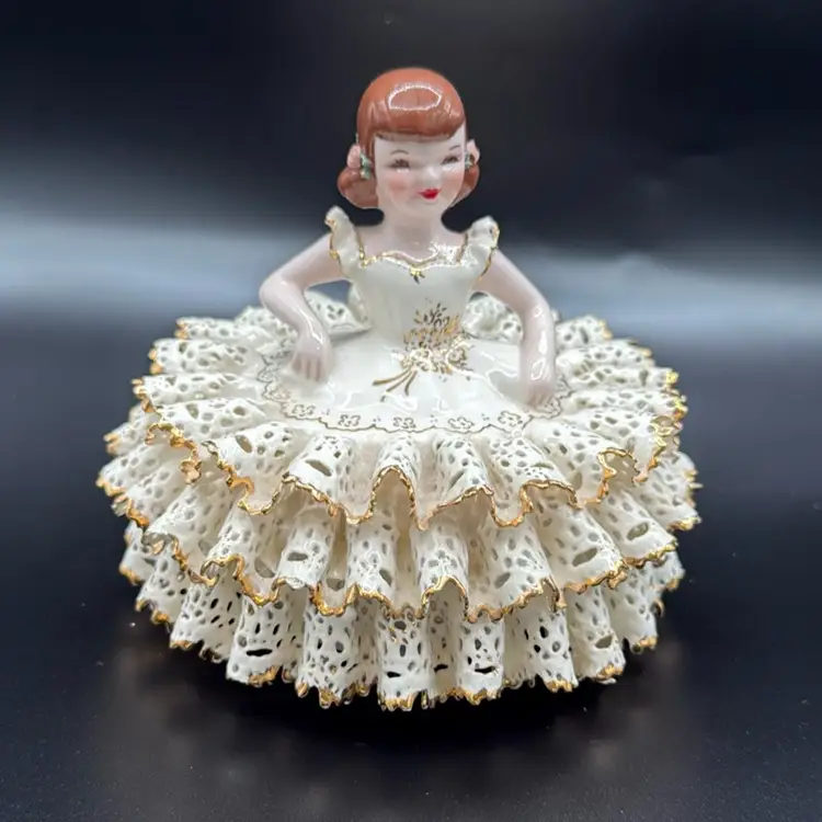 Vintage Florence Ceramics Pasadena California Lady In Lace Dress Powder Box
