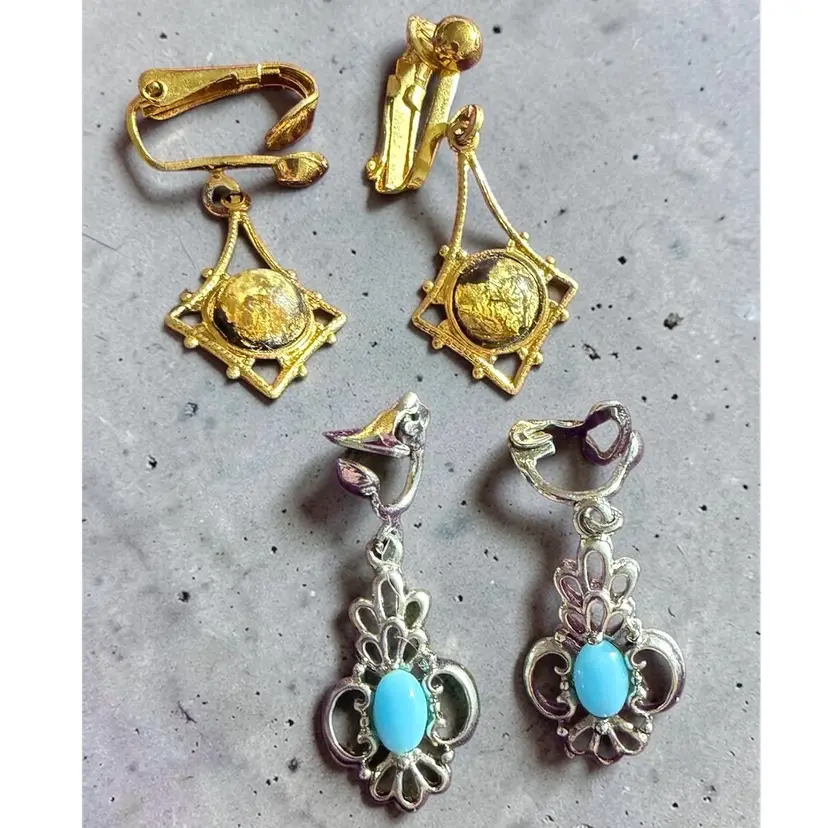 Vintage Gold & Silver Tone Clip On Dangle Earrings