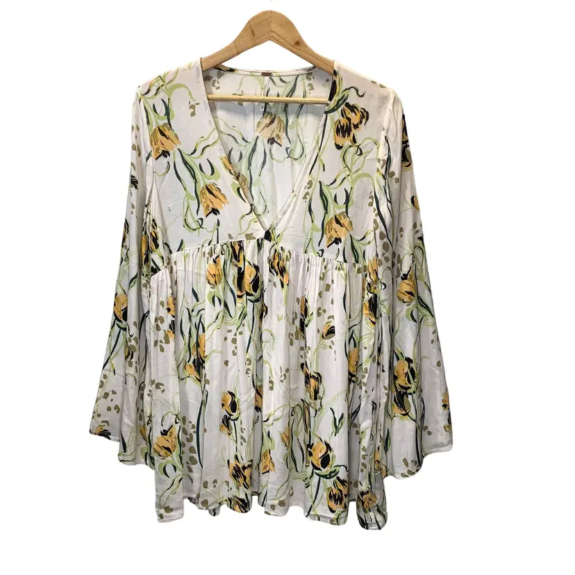Free People Bella Tunic Womens XS V-Neck White Floral Print Top Long Sleeve