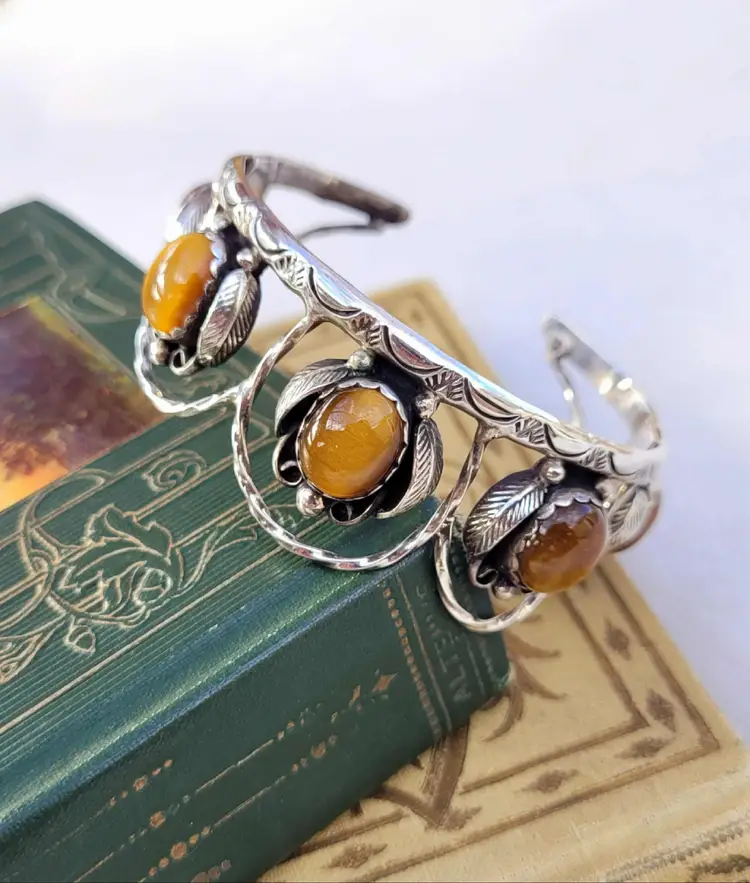 Vtg Native American Sterling Silver Tigers Eye Leaves Huge Cuff Bracelet - 34.6g