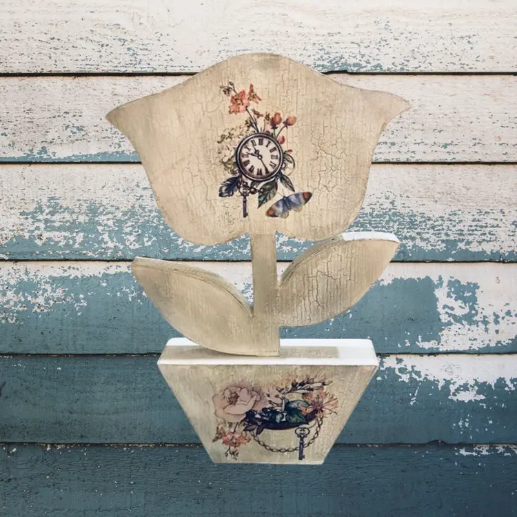 Upcycled Spring Wood Tall Flower Pink Floral Farmhouse Cottagecore French Country Cozycore Shelf Decor Distressed Easter 13” Tall Made By Me Drnksuzy OOAK Original