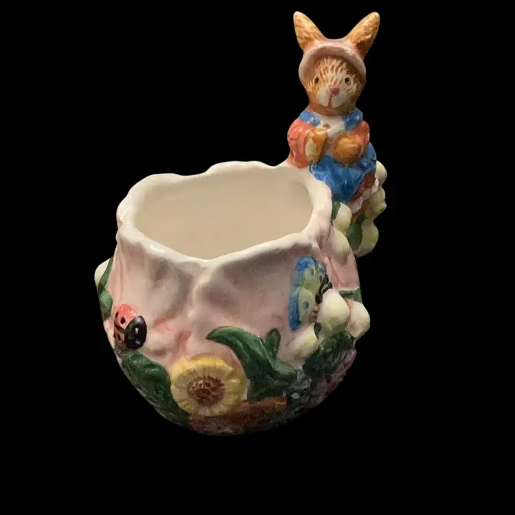 1999 Mini Pink Tea Cup Porcelain With Flowers, Ladybug, And Leaves On Cup With Bunny On Handle, China