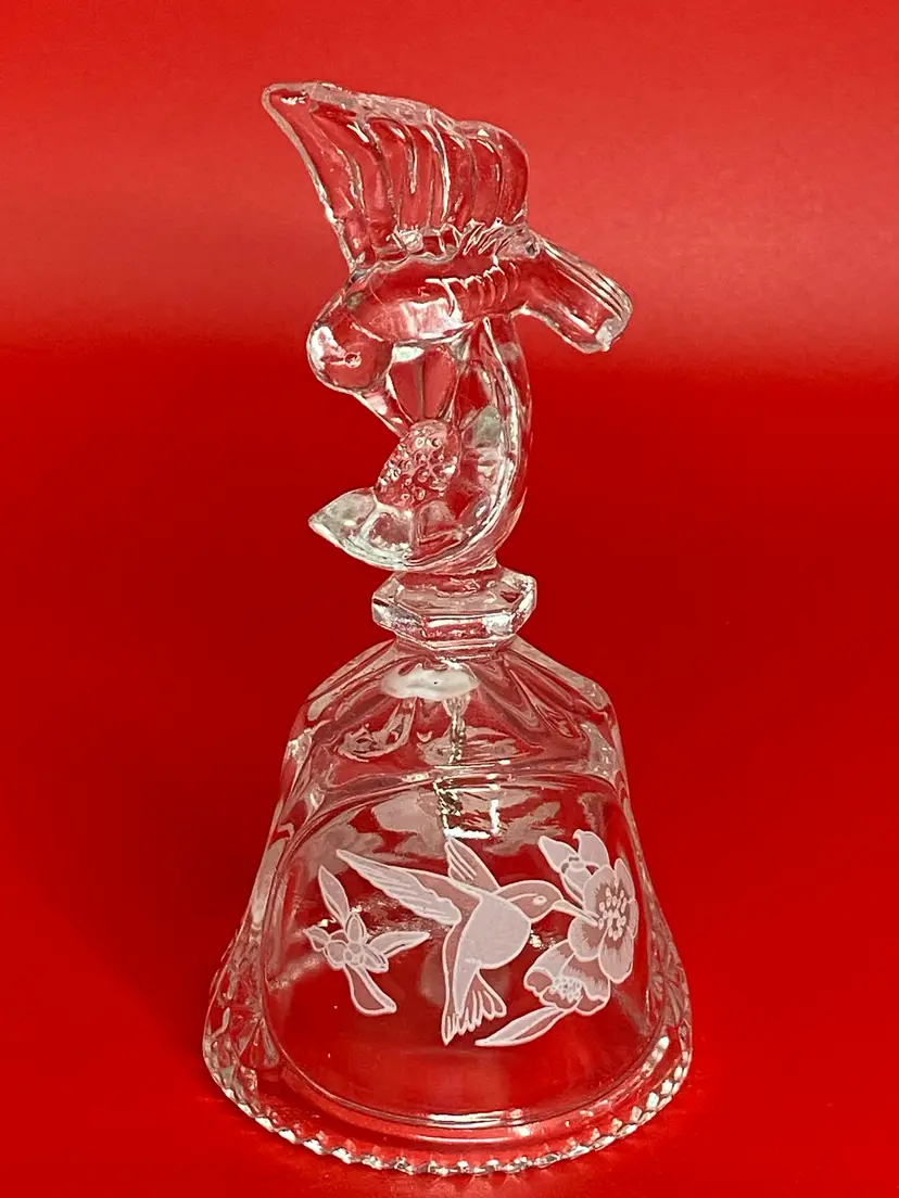 Hummingbird Bell Etched Glass Sawtooth Edge Figural Handle Bird Bell 6"