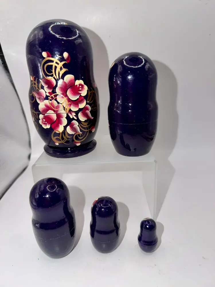 5 Piece Hand Painted Nesting Russian Dolls, Navy Blue Wooden Matryoshka